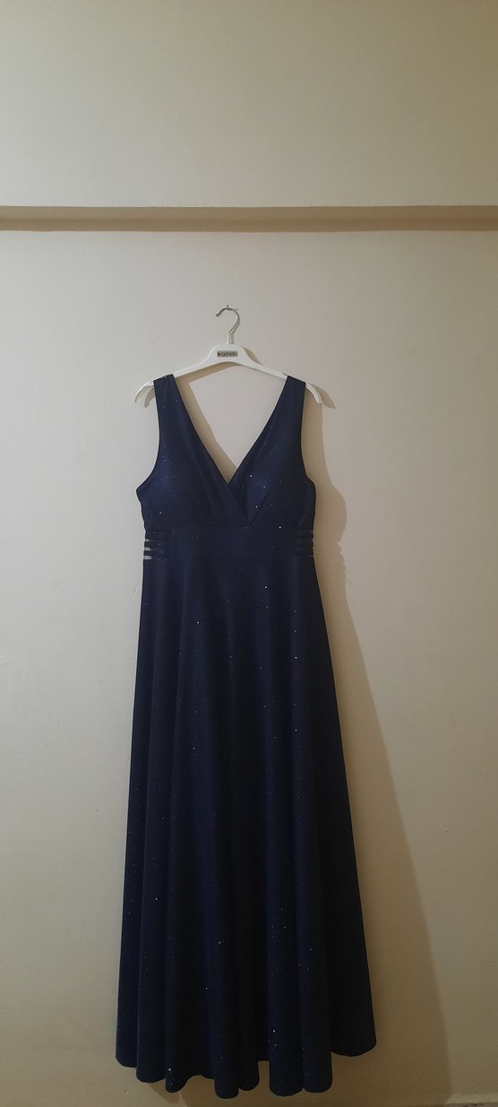 Parlak simli Lacivert Drapeli Uzun Gece Elbisesi - Görsel 2