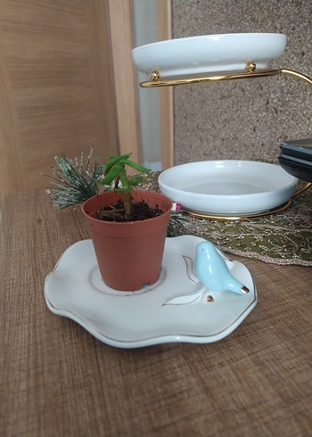 Vintage beyaz tabak ve pastel mavi kuş figürü - Görsel 4