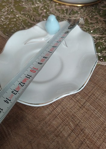 Vintage beyaz tabak ve pastel mavi kuş figürü - Görsel 6