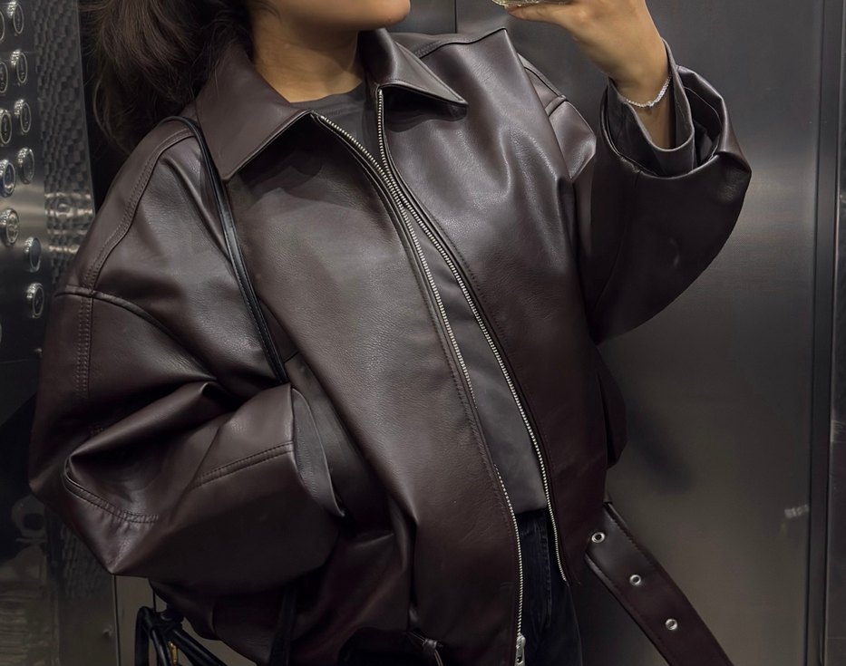 Kahverengi Kemerli Deri Kadın Ceket - Görsel 4