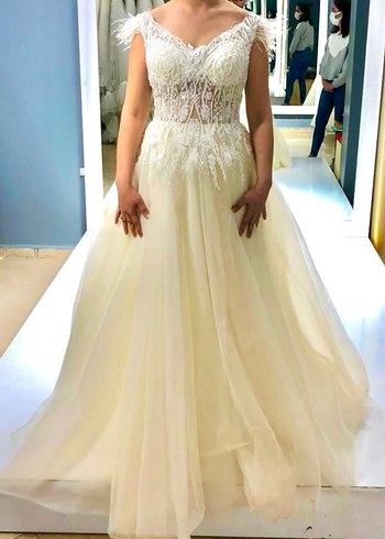 V Yaka Bohem Uzun Beyaz A Kesim Gelinlik - Görsel 3