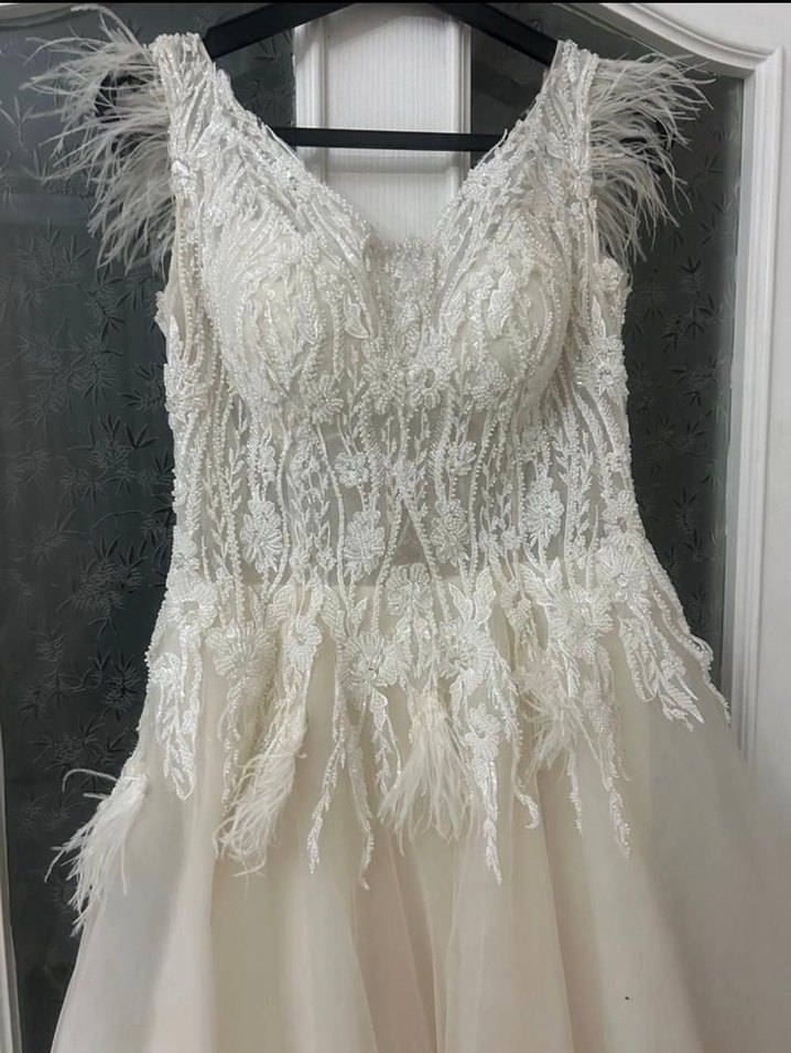 V Yaka Bohem Uzun Beyaz A Kesim Gelinlik - Görsel 4