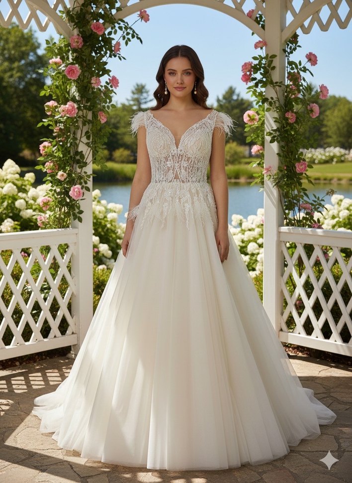 V Yaka Bohem Uzun Beyaz A Kesim Gelinlik - Görsel 2