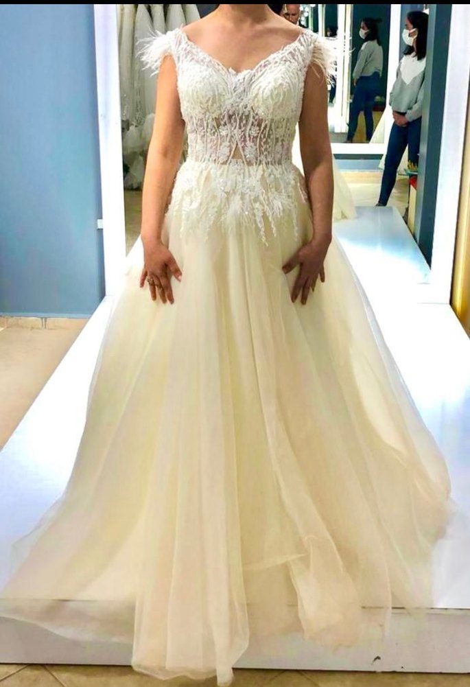 V Yaka Bohem Uzun Beyaz A Kesim Gelinlik - Görsel 3