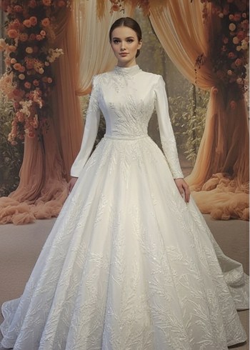 Boncuk İşlemeli Beyaz Uzun Kollu Nişan Elbisesi - Görsel 3