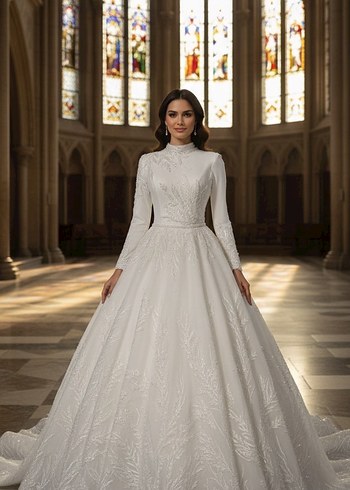 Boncuk İşlemeli Beyaz Uzun Kollu Nişan Elbisesi - Görsel 2