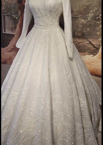 Boncuk İşlemeli Beyaz Uzun Kollu Nişan Elbisesi - Görsel 10