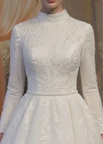 Boncuk İşlemeli Beyaz Uzun Kollu Nişan Elbisesi - Görsel 7
