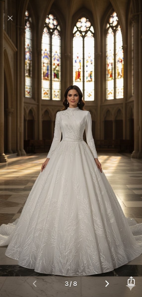 Boncuk İşlemeli Beyaz Uzun Kollu Nişan Elbisesi - Görsel 2