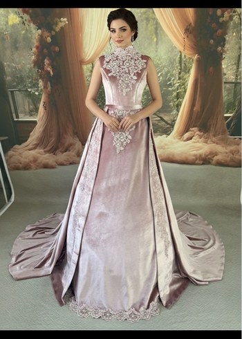 Nakışlı Pudra Pembe Uzun Kollu Nişan Elbisesi - Görsel 2