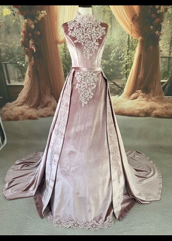 Nakışlı Pudra Pembe Uzun Kollu Nişan Elbisesi - Görsel 3