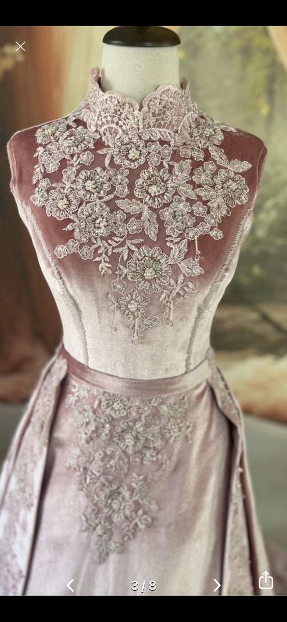 Nakışlı Pudra Pembe Uzun Kollu Nişan Elbisesi - Görsel 5