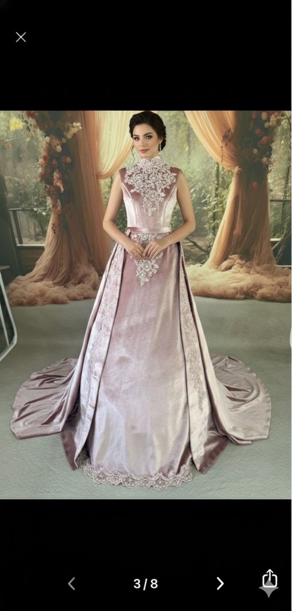 Nakışlı Pudra Pembe Uzun Kollu Nişan Elbisesi - Görsel 2