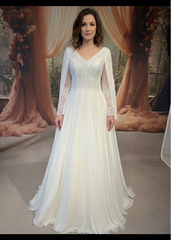 V Yaka Uzun Kollu A Kesim Beyaz Gelinlik - Görsel 2