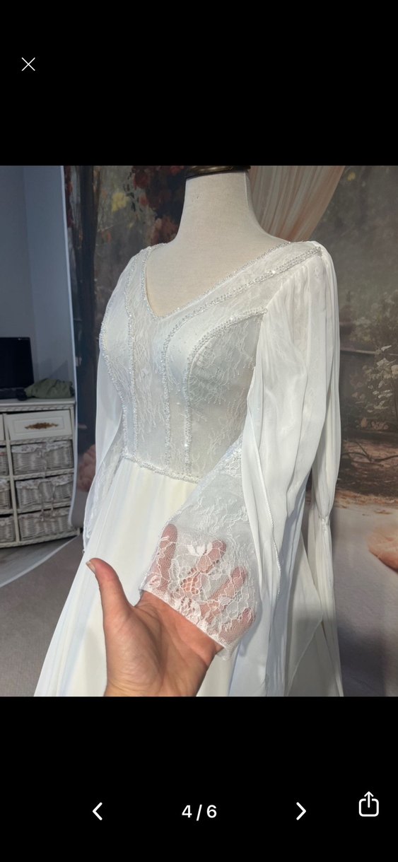 V Yaka Uzun Kollu A Kesim Beyaz Gelinlik - Görsel 3