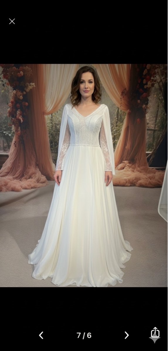 V Yaka Uzun Kollu A Kesim Beyaz Gelinlik - Görsel 2