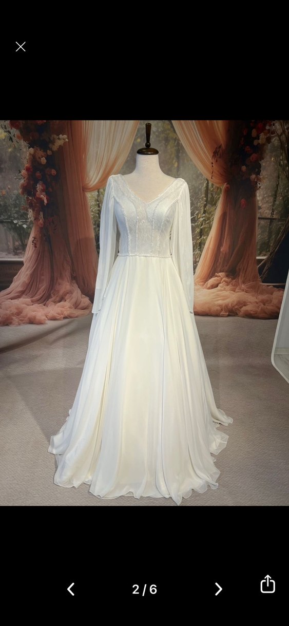 V Yaka Uzun Kollu A Kesim Beyaz Gelinlik - Görsel 5