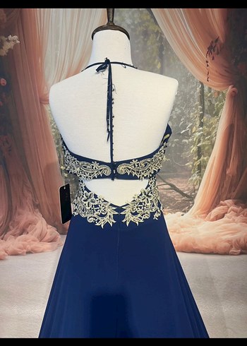 İşlemeli Lacivert Uzun Abiye Elbise - Görsel 5