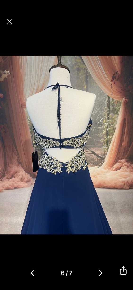 İşlemeli Lacivert Uzun Abiye Elbise - Görsel 5