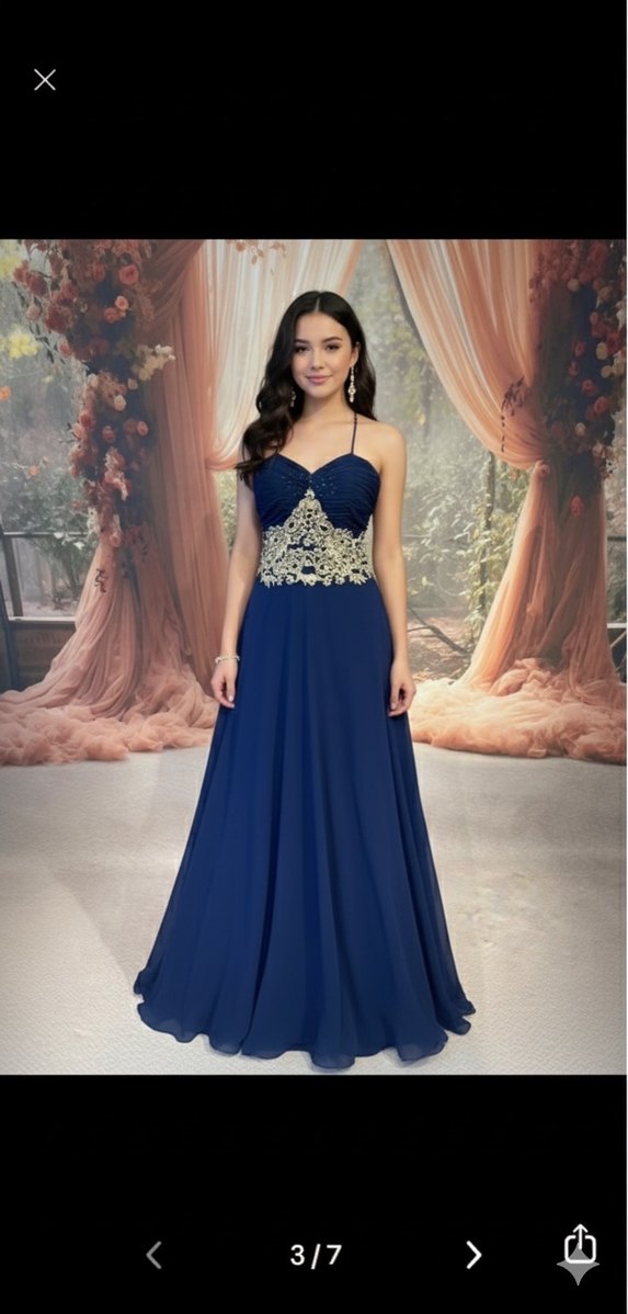 İşlemeli Lacivert Uzun Abiye Elbise - Görsel 2