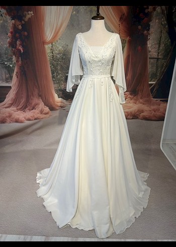 Uzun Kollu Beyaz A Kesim Düğün Elbisesi - Görsel 7