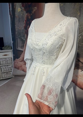 Uzun Kollu Beyaz A Kesim Düğün Elbisesi - Görsel 6