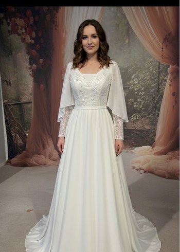 Uzun Kollu Beyaz A Kesim Düğün Elbisesi - Görsel 2