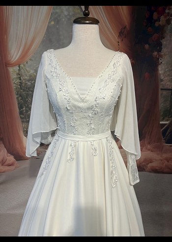 Uzun Kollu Beyaz A Kesim Düğün Elbisesi - Görsel 5