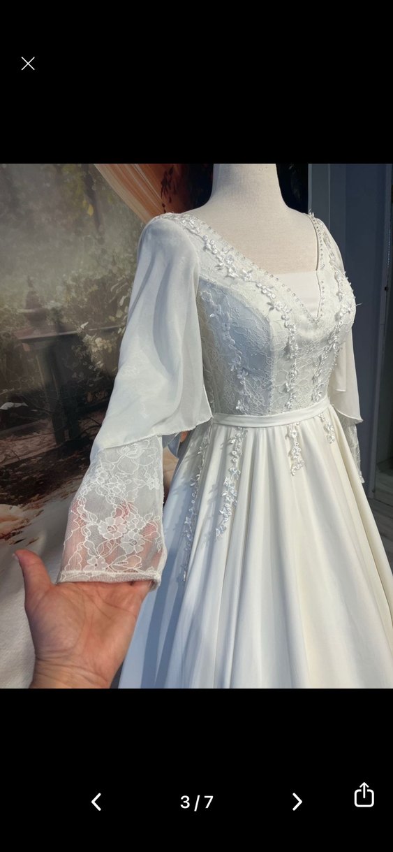 Uzun Kollu Beyaz A Kesim Düğün Elbisesi - Görsel 3