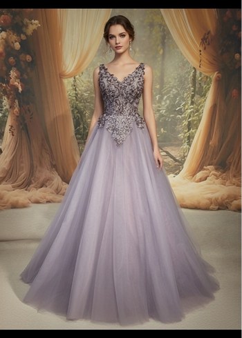 Dantel İşlemeli Gri V Yakalı Uzun Abiye - Görsel 2