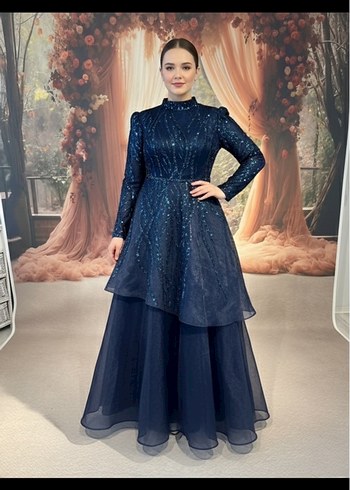 Uzun Kollu Lacivert Payetli Abiye Elbise - Görsel 3