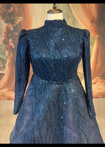 Uzun Kollu Lacivert Payetli Abiye Elbise - Görsel 6