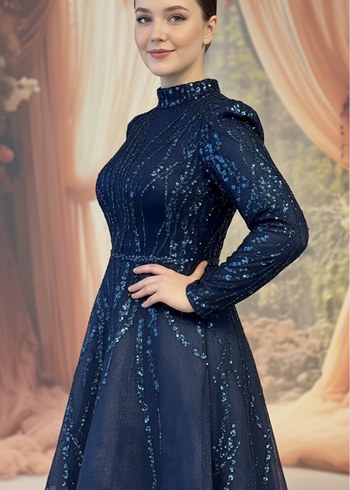 Uzun Kollu Lacivert Payetli Abiye Elbise - Görsel 2