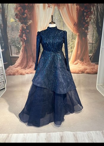 Uzun Kollu Lacivert Payetli Abiye Elbise - Görsel 5