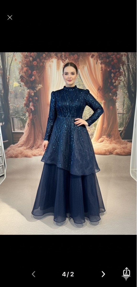 Uzun Kollu Lacivert Payetli Abiye Elbise - Görsel 3