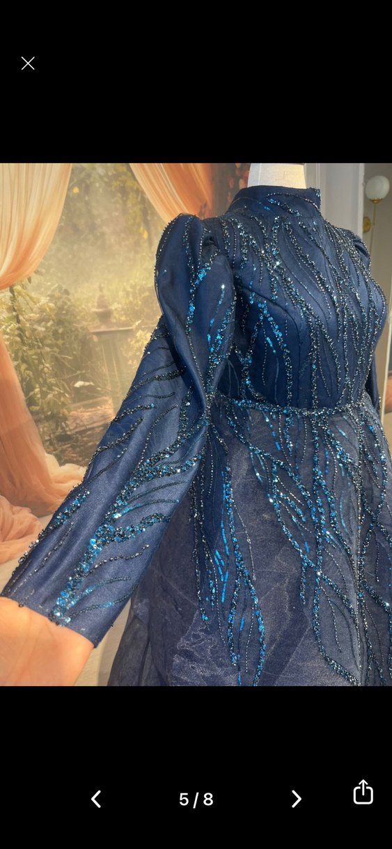 Uzun Kollu Lacivert Payetli Abiye Elbise - Görsel 4