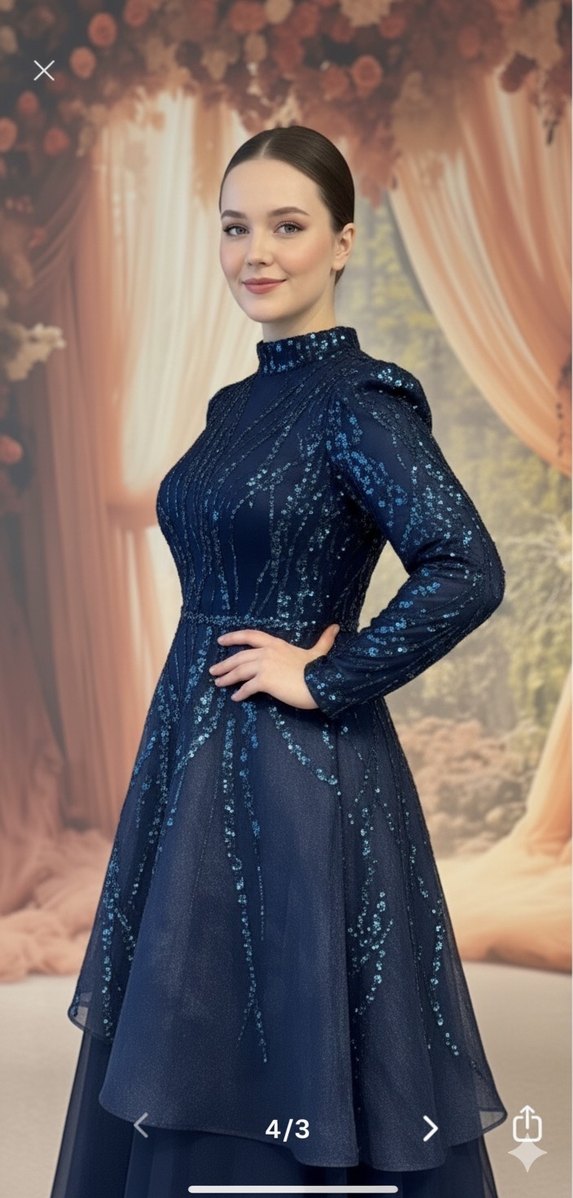 Uzun Kollu Lacivert Payetli Abiye Elbise - Görsel 2