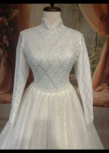 Beyaz Yüksek Yakalı Kadın Triko Tesettür Elbise - Görsel 8