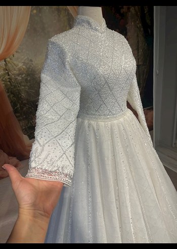 Beyaz Yüksek Yakalı Kadın Triko Tesettür Elbise - Görsel 6