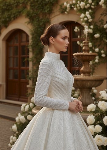 Yüksek Yakalı Uzun Kollu Prenses Gelinlik - Görsel 3