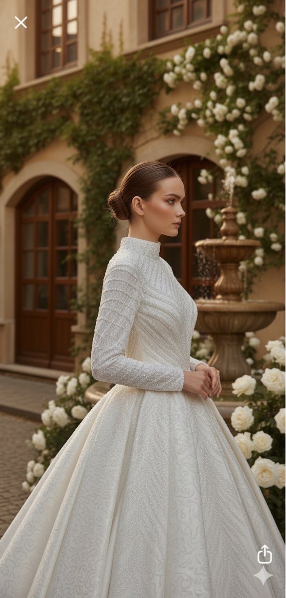 Yüksek Yakalı Uzun Kollu Prenses Gelinlik - Görsel 3