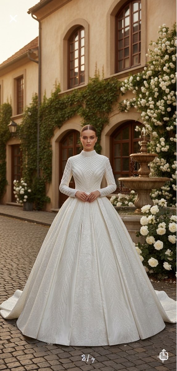 Yüksek Yakalı Uzun Kollu Prenses Gelinlik - Görsel 2