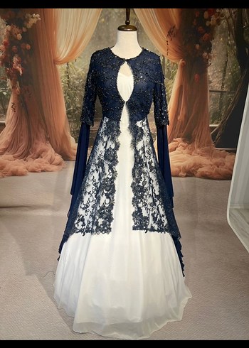 Dantel İşlemeli Lacivert Uzun Abiye Elbise - Görsel 5