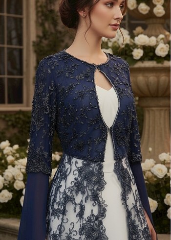 Dantel İşlemeli Lacivert Uzun Abiye Elbise - Görsel 3