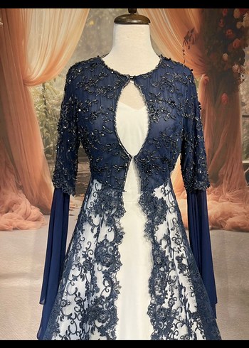 Dantel İşlemeli Lacivert Uzun Abiye Elbise - Görsel 6