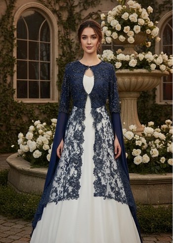 Dantel İşlemeli Lacivert Uzun Abiye Elbise - Görsel 2