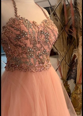 İşlemeli Boncuklu Uzun Pembe Straplez Abiye - Görsel 5