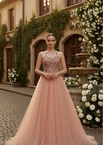 İşlemeli Boncuklu Uzun Pembe Straplez Abiye - Görsel 3