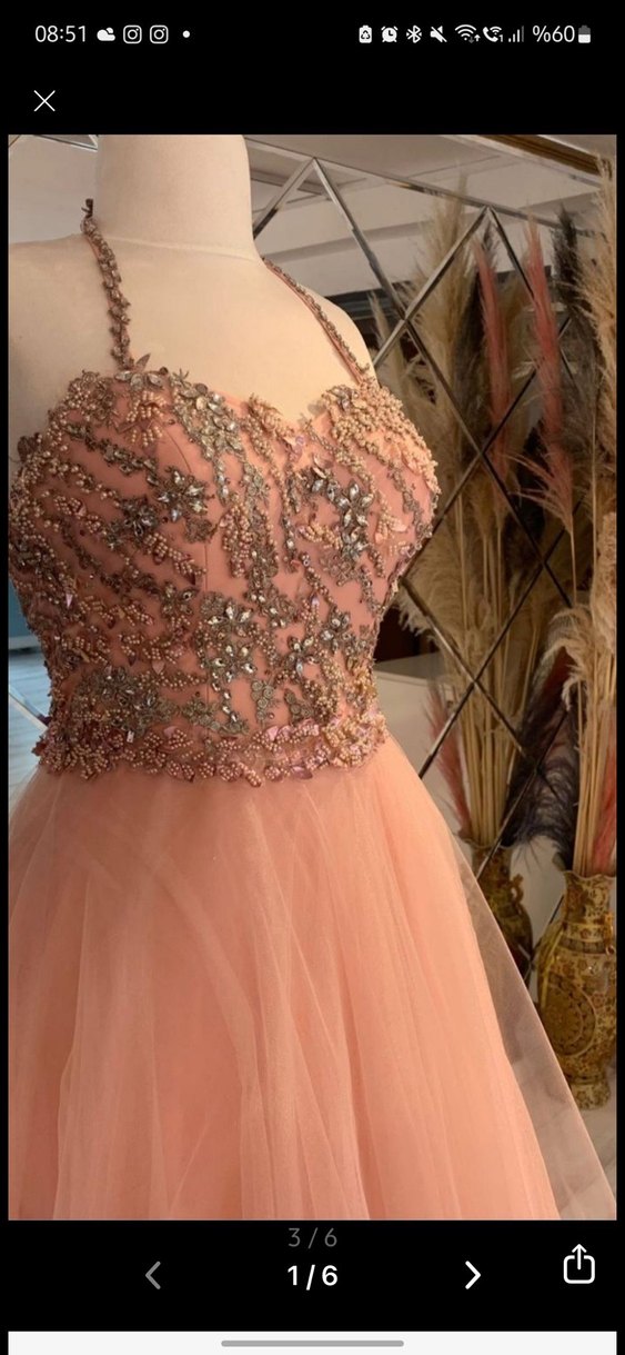 İşlemeli Boncuklu Uzun Pembe Straplez Abiye - Görsel 5