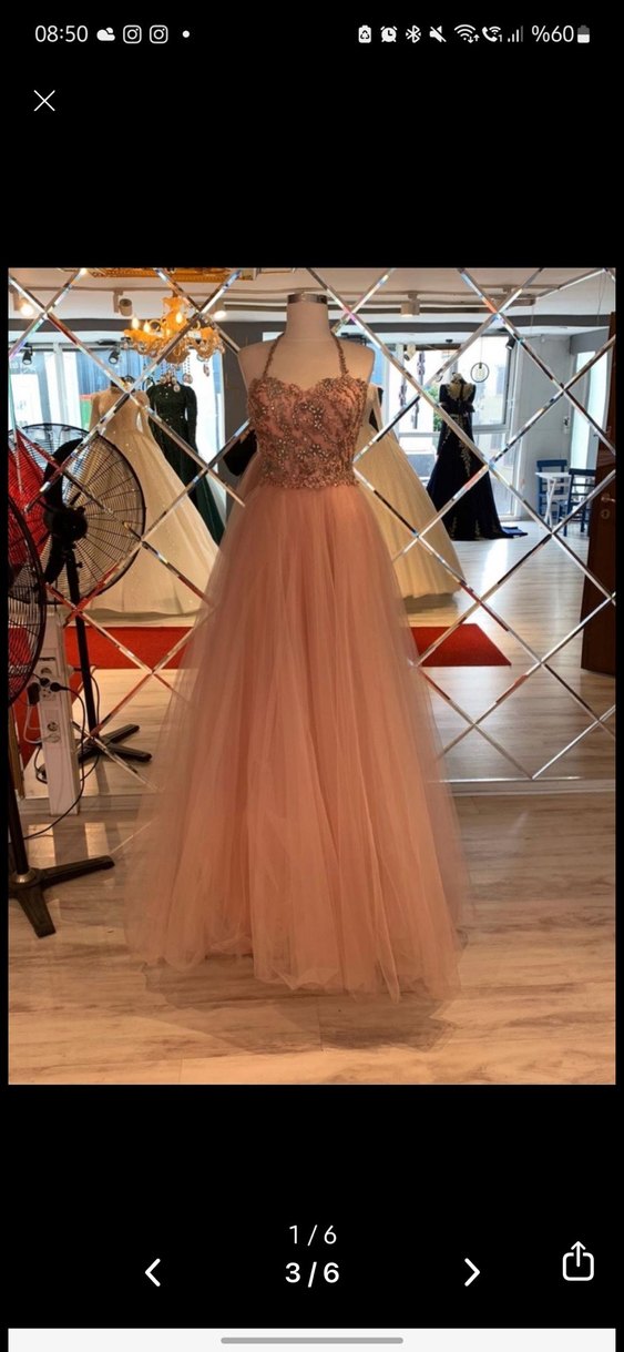 İşlemeli Boncuklu Uzun Pembe Straplez Abiye - Görsel 4